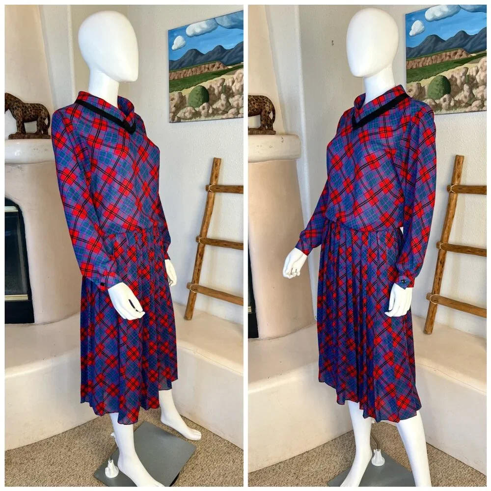 Vintage 80s Plaid Blouson Teacher's Dress - Picture 2 of 4